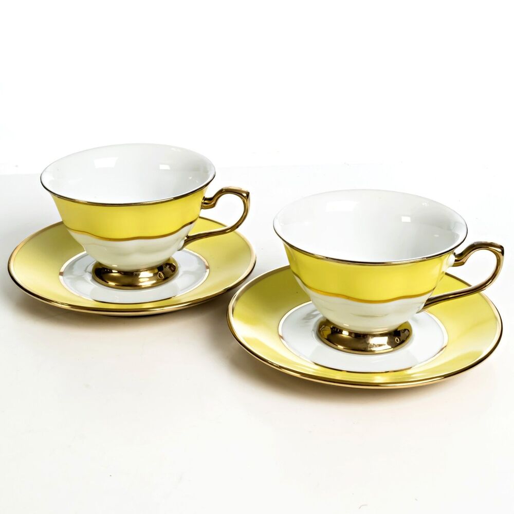 Set of Two 2 Ciroa Luxe Gold White Yellow Tea Cup And Saucer Rare